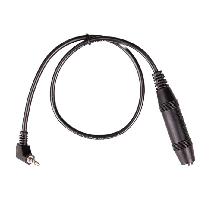 Black audio cable with 3.5mm plug on a white background