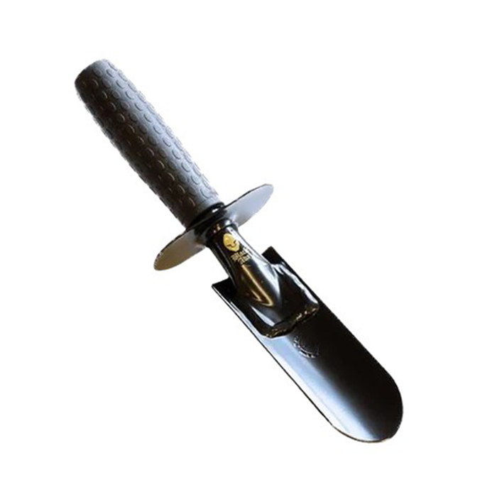 black mild steel digging trowel with rubber handle on a white background