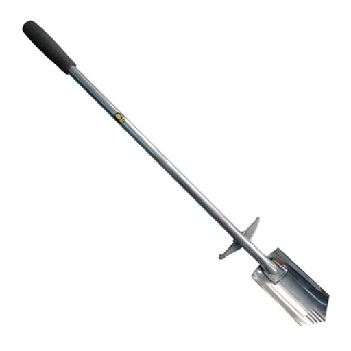 Metal spade with a long handle on a white background