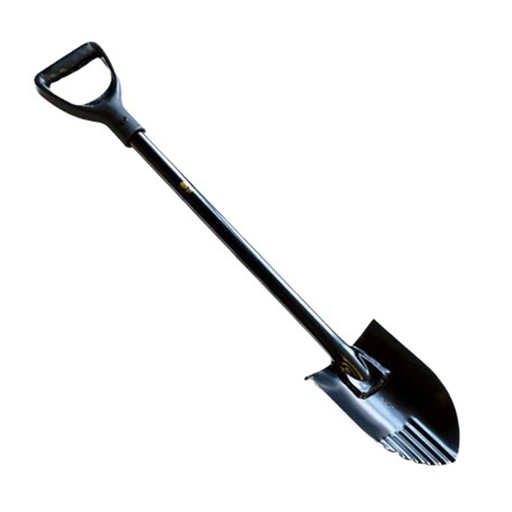 black spade with 'D' handle on a white background