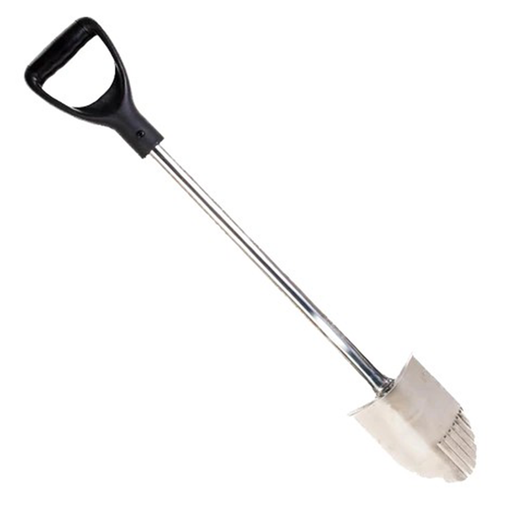 stainless steel spade with black handle on a white background