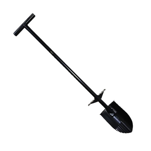 Black t handled mild steel spade on white background