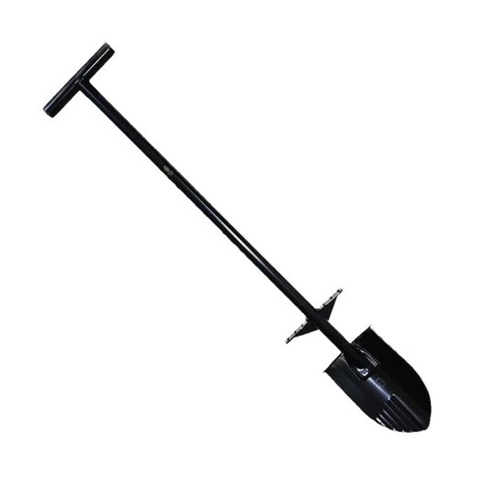 Black t handled mild steel spade on white background