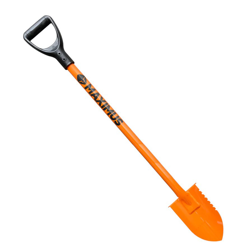 Orange spade with black plastic d handle on a white background