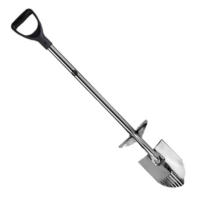 Metal garden spade with a black handle on a white background