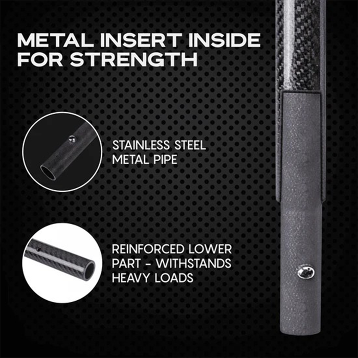 Product with metal insert for strength, featuring stainless steel metal pipe and reinforced lower part on a black background.