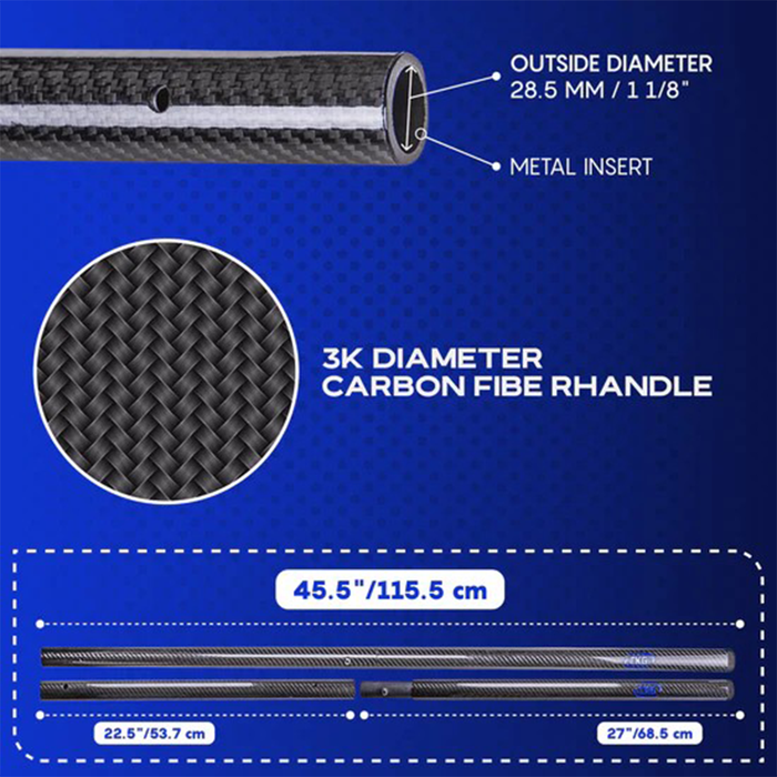 Carbon fiber handle with specifications on a blue background