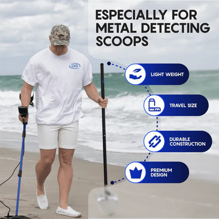 Person on a beach with metal detecting equipment, text highlighting features for metal detecting scoops.