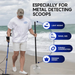 Person on a beach with metal detecting equipment, text highlighting features for metal detecting scoops.