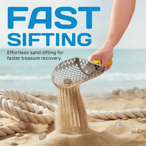 Hand using a sand sifting tool with text 'Fast Sifting' on a beach background.