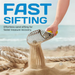 Hand using a sand sifting tool with text 'Fast Sifting' on a beach background.