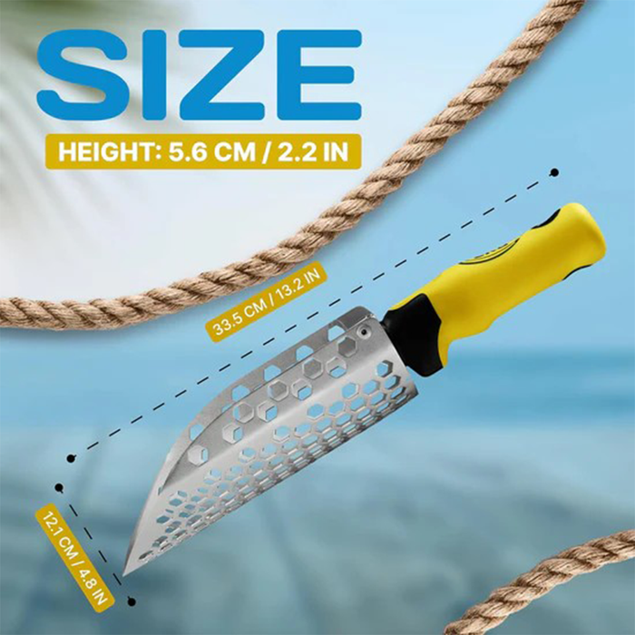 metal sand scoop with yellow handle and measurements on a blue background