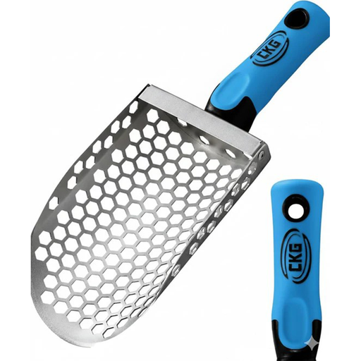 Metal sand scoop with blue handle on a white background