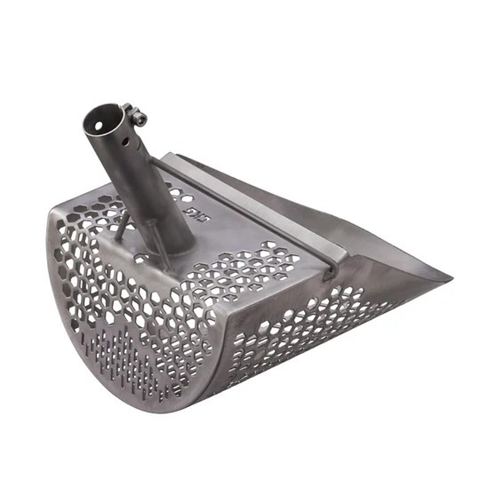 Metal scoop with perforated design on a white background