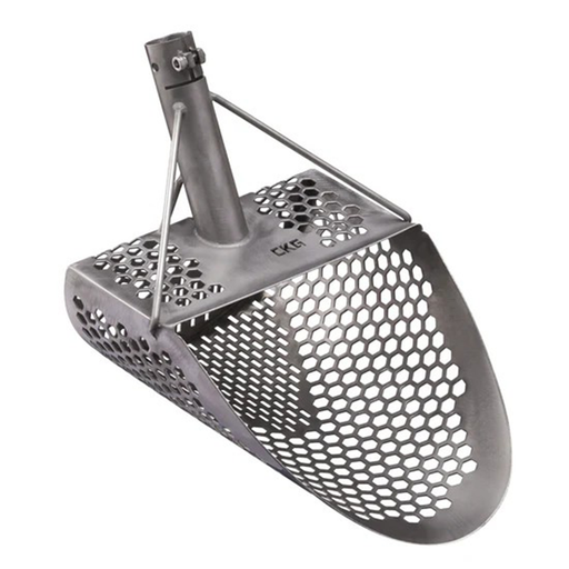 Metal scoop with honeycomb design on a white background