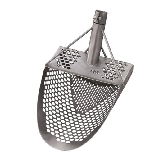 Metal scoop with perforated design on a white background