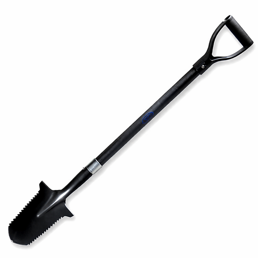 Black shovel with D-shaped handle on a white background