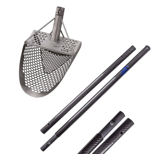 Metal sand scoop and carbon fiber handles on a white background