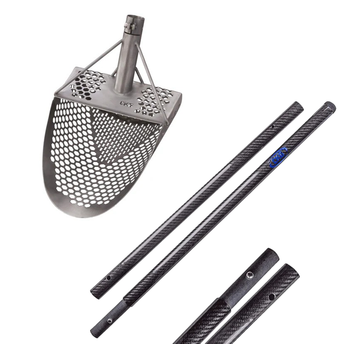 Metal sand scoop and carbon fiber handles on a white background