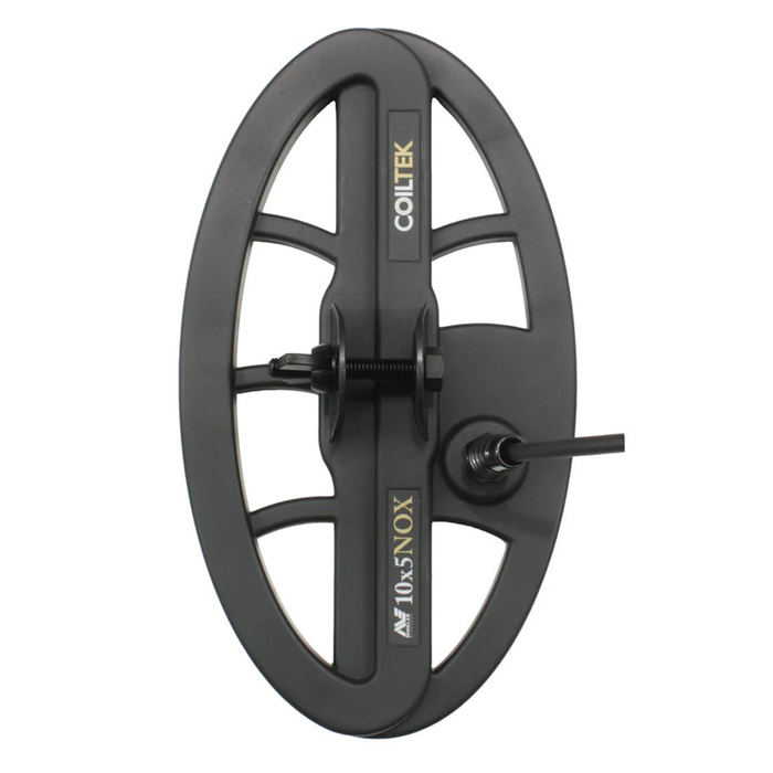 Black metal detector coil with Coiltek branding on a white background