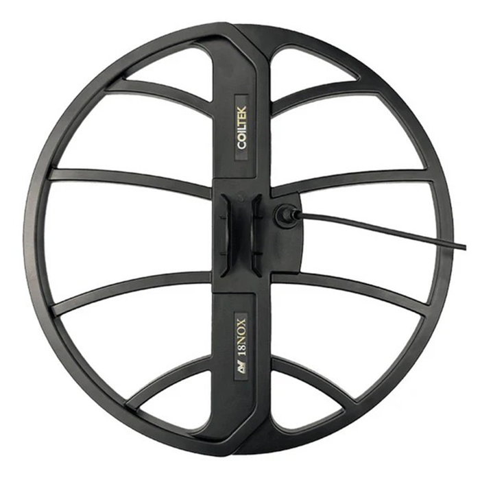 Black metal detector coil with 'Coiltek' branding on a white background