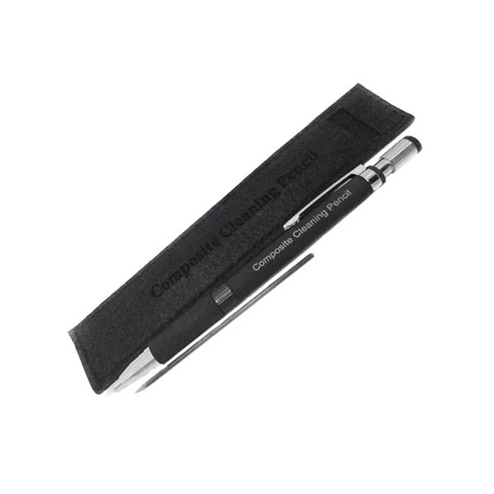 Composite leaning pencil with felt case on a white background