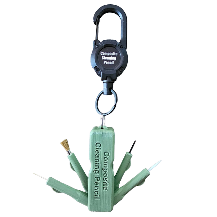 Green multi tool cleaning accessory with a retractable lanyard on a white background