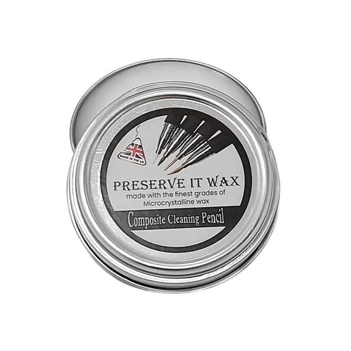 Silver container of Preserve It Wax on a white background