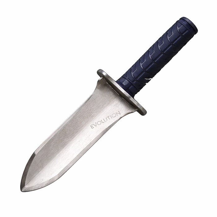 stainless steel digging trowel with black rubber handle on a white background