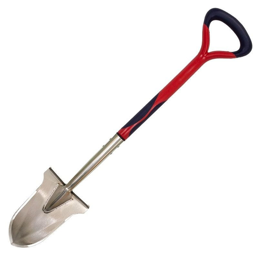 stainless steel spade with red and navy handle on a white background