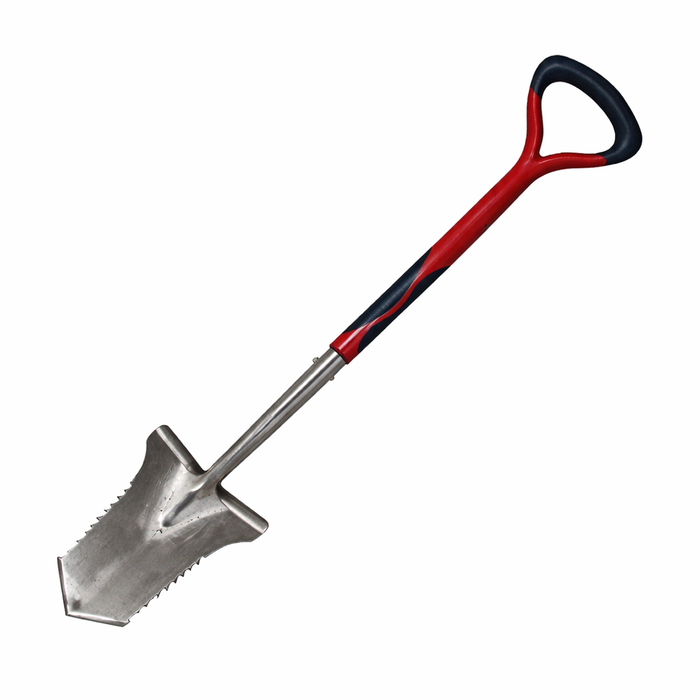 Stainless steel spade with a red and navy D handle on a white back round