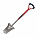Stainless steel spade with a red and navy D handle on a white back round