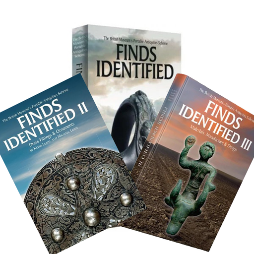Three books titled 'Finds Identified I', 'Finds Identified II', and 'Finds Identified III' with images of archaeological finds on their covers.
