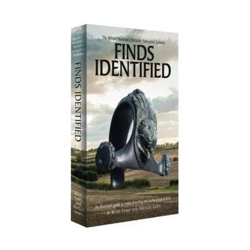 Book titled 'Finds Identified' with a stone sculpture on a white background