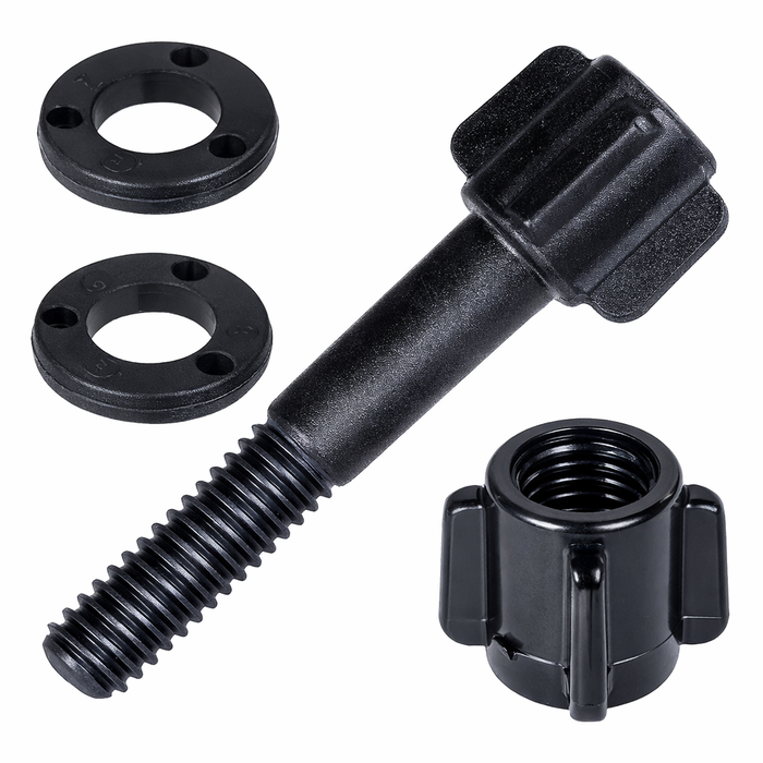 Black mechanical components including a bolt, washer, and nut on a white background