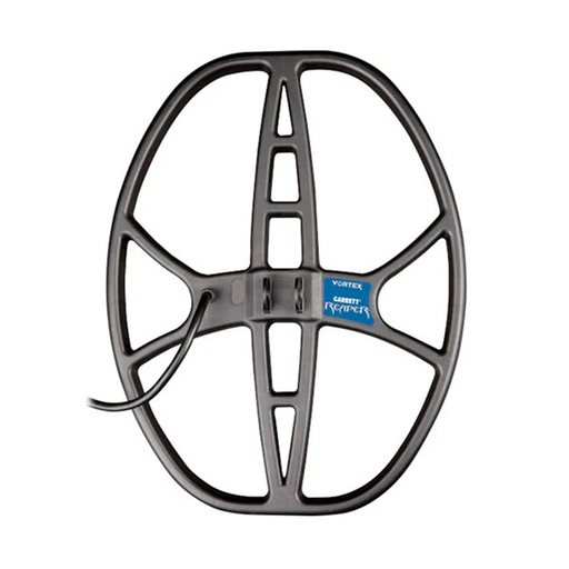 Metal detector coil with Garrett logo on a white background