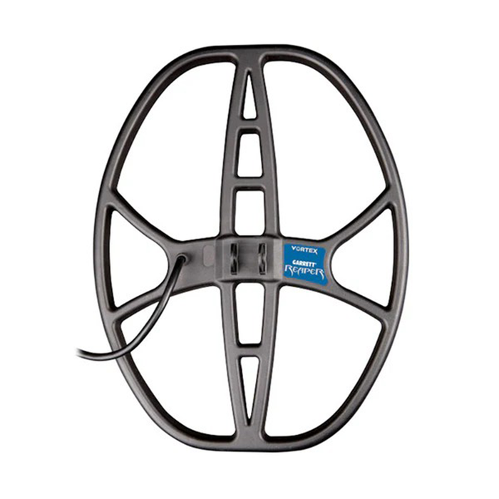 Metal detector coil with Garrett logo on a white background