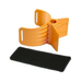 Orange plastic arm cup with a black strap on a white background