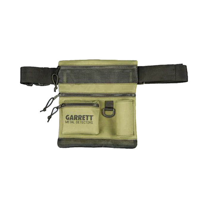 Green waist bag with black strap and Garrett Metal Detectors logo on a white background
