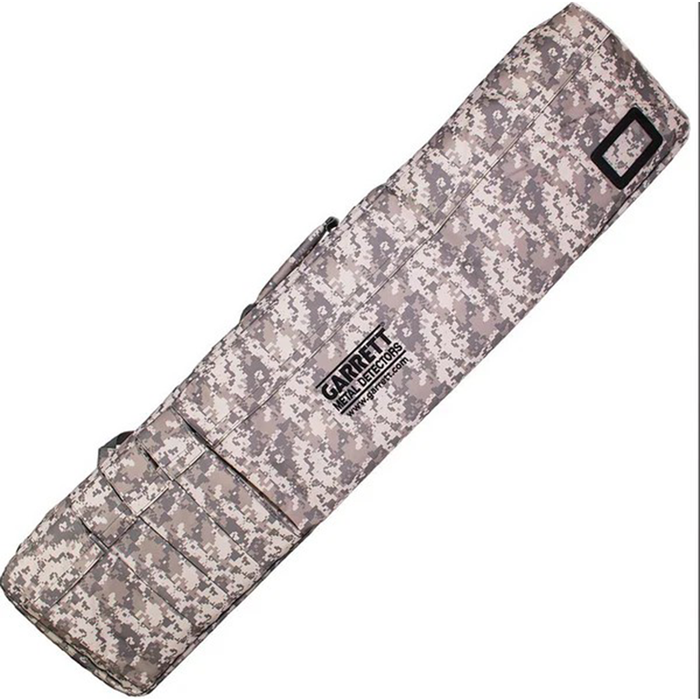 Camouflage metal detecting case with 'Garratt' branding on a white background