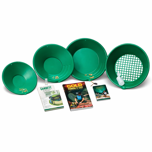 Set of green metal detecting pans with brochures on a white background