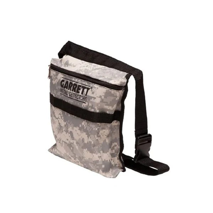 Camouflage bag with black strap featuring Garrett logo on a white background