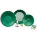 Set of green gold pans with accessories on a white background