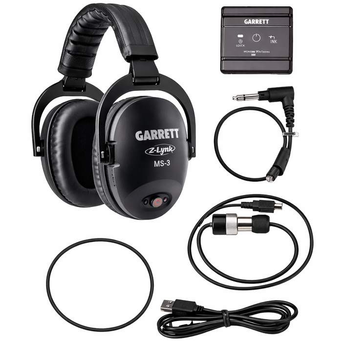 Garrett Z-LYNK MS-3 headphones with accessories on a white background