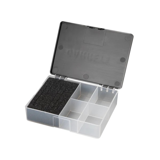 Clear plastic storage box with compartments on a white background