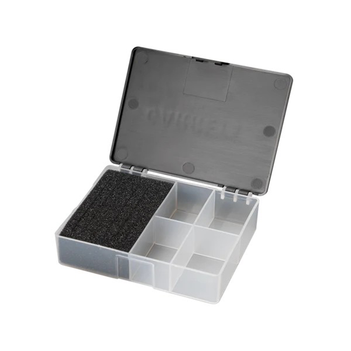 Clear plastic storage box with compartments on a white background