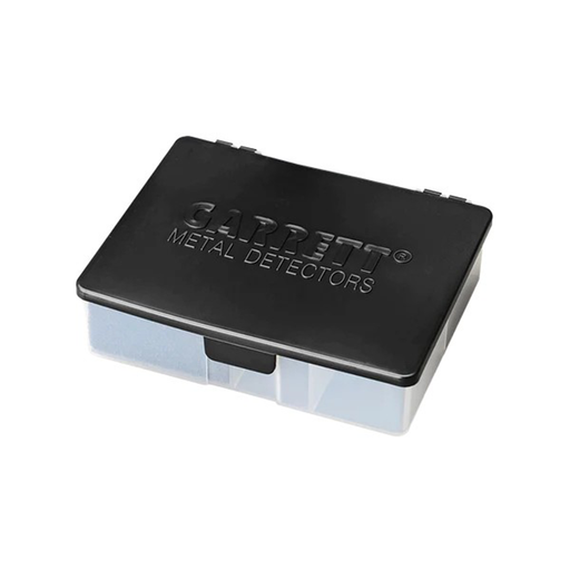 Black metal detector parts box with 'Garrett Metal Detectors' branding on a white background