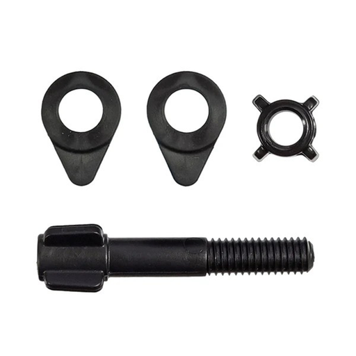 Set of black mechanical components including a bolt and three washer-like parts on a white background
