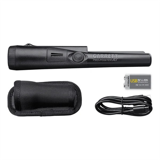 Black pinpointer with battery, holster and charging cable on a white background