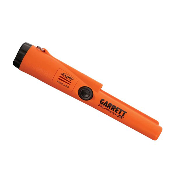 Orange metal detector with 'Garrett' branding on a white background